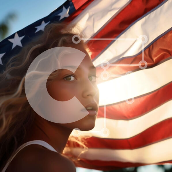 Intra Συλλεκτικό Ξύλινο Παζλ Plywood  4mm - Νεαρή γυναίκα που κρατά την αμερικανική σημαία Σε Ξύλινο Κουτί - Διαστάσεις Puzzle: 10x10 cm – 25 κομμάτια