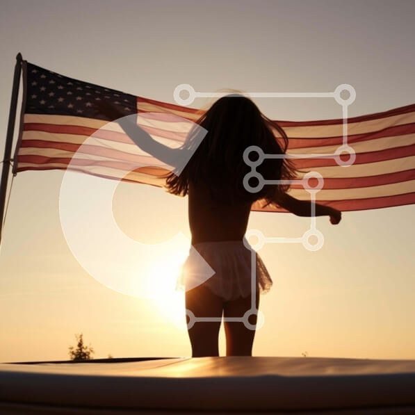 Intra Συλλεκτικό Ξύλινο Παζλ Plywood  4mm - Νεαρό κορίτσι που κρατά την αμερικανική σημαία στο ηλιοβασίλεμα Σε Ξύλινο Κουτί - Διαστάσεις Puzzle: 10x10 cm – 25 κομμάτια