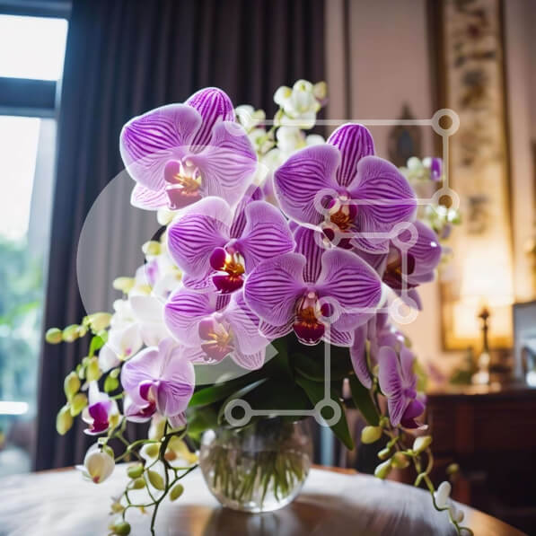 Intra Συλλεκτικό Ξύλινο Παζλ Plywood  4mm - Μωβ και λευκές ορχιδέες σε γυάλινο βάζο σε ξύλινο τραπέζι Σε Ξύλινο Κουτί - Διαστάσεις Puzzle: 10x10 cm – 25 κομμάτια