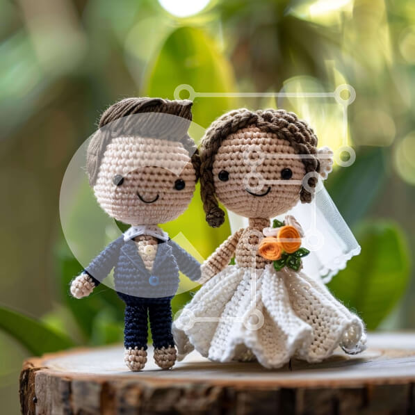 Intra Συλλεκτικό Ξύλινο Παζλ Plywood  4mm - Κροσέ κούκλες νύφης και γαμπρού Σε Ξύλινο Κουτί - Διαστάσεις Puzzle: 10x10 cm – 25 κομμάτια