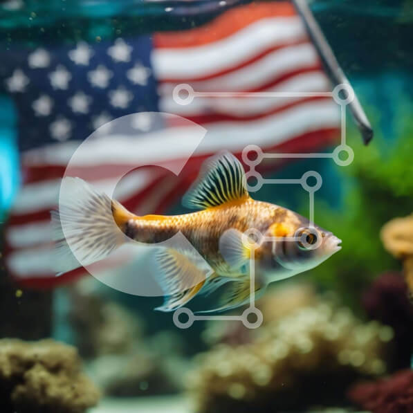 Intra Συλλεκτικό Ξύλινο Παζλ Plywood  4mm - Υγιές χρυσόψαρο που κολυμπά στο ενυδρείο με φόντο αμερικανικής σημαίας Σε Ξύλινο Κουτί - Διαστάσεις: 10x10 cm – 25 κομμάτια