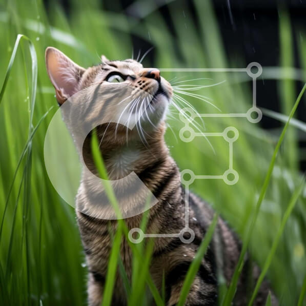 Intra Συλλεκτικό Ξύλινο Παζλ Plywood  4mm - Γάτα που κάθεται στο ψηλό γρασίδι και κοιτάζει ψηλά στον ουρανό Σε Ξύλινο Κουτί - Διαστάσεις: 10x10 cm – 25 κομμάτια