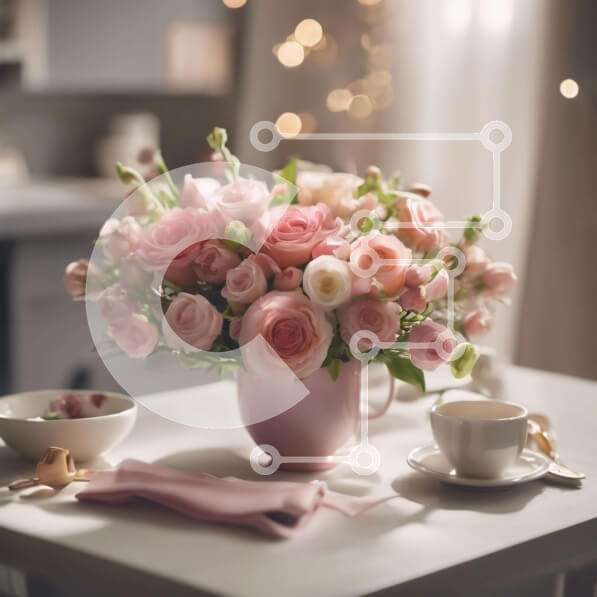 Σετ των 2 Intra Συλλεκτικό Ξύλινο Παζλ Plywood  4mm - Ροζ βάζο με τριαντάφυλλα και φλιτζάνια καφέ στο τραπέζι Σε Ξύλινο Κουτί - Διαστάσεις: 10x10 cm – 25 κομμάτια