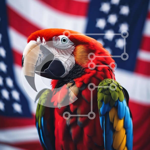 Intra Συλλεκτικό Ξύλινο Παζλ Plywood  4mm - Πολύχρωμος παπαγάλος μπροστά από την αμερικανική σημαία Σε Ξύλινο Κουτί - Διαστάσεις: 10x10 cm – 25 κομμάτια