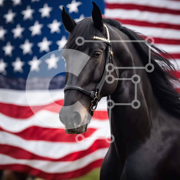 Intra Συλλεκτικό Ξύλινο Παζλ Plywood  4mm - Μεγαλοπρεπές μαύρο άλογο μπροστά από την αμερικανική σημαία Σε Ξύλινο Κουτί - Διαστάσεις: 10x10 cm – 25 κομμάτια