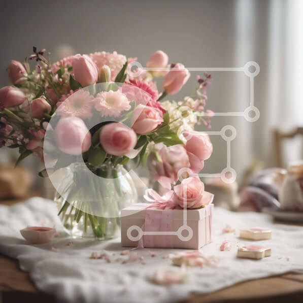 Intra Συλλεκτικό Ξύλινο Παζλ Plywood  4mm - Ροζ λουλούδι μπουκέτο και ανοιχτό δώρο Σε Ξύλινο Κουτί - Διαστάσεις: 10x10 cm – 25 κομμάτια