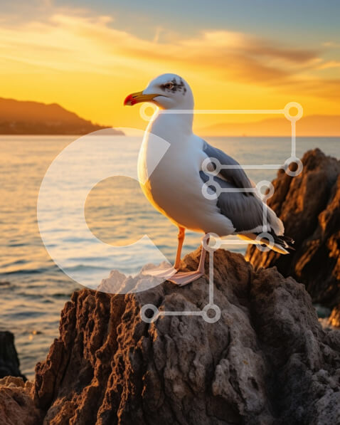 Intra Συλλεκτικό Ξύλινο Παζλ Plywood  4mm - Γλάρος στο βράχο δίπλα στον ωκεανό στο ηλιοβασίλεμα Σε Ξύλινο Κουτί - Διαστάσεις: 10x10 cm – 25 κομμάτια