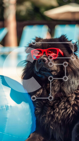 Σετ των 2 Intra Συλλεκτικό Ξύλινο Παζλ Plywood  4mm - Μαύρος σκύλος με κόκκινα γυαλιά ηλίου σε μπλε μπάλα στην πισίνα Σε Ξύλινο Κουτί - Διαστάσεις: 10x10 cm – 25 κομμάτια