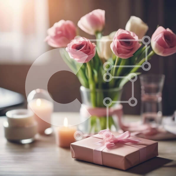 Σετ των 2 Intra Συλλεκτικό Ξύλινο Παζλ Plywood  4mm - Γυάλινο βάζο με ροζ τουλίπες, κεριά και ανοιχτό δώρο Σε Ξύλινο Κουτί - Διαστάσεις: 10x10 cm – 25 κομμάτια