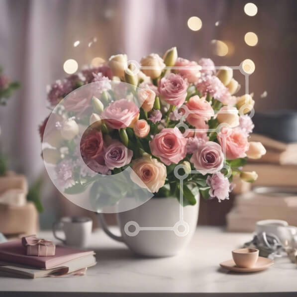 Intra Συλλεκτικό Ξύλινο Παζλ Plywood  4mm - Βάζο με ροζ τριαντάφυλλα, βιβλία και φλιτζάνια καφέ στο τραπέζι Σε Ξύλινο Κουτί - Διαστάσεις Puzzle: 10x10 cm – 25 κομμάτια