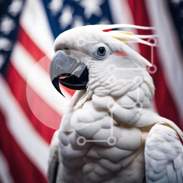 Intra Συλλεκτικό Ξύλινο Παζλ Plywood  4mm - Λευκός παπαγάλος με φόντο αμερικανική σημαία Σε Ξύλινο Κουτί - Διαστάσεις: 10x10 cm – 25 κομμάτια