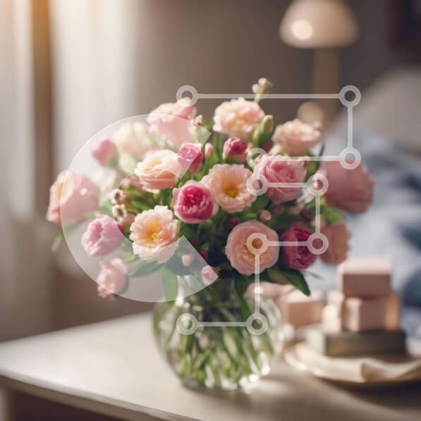 Σετ των 2 Intra Συλλεκτικό Ξύλινο Παζλ Plywood  4mm - Γυάλινο βάζο με ροζ και λευκά τριαντάφυλλα στο κομοδίνο Σε Ξύλινο Κουτί - Διαστάσεις: 10x10 cm – 25 κομμάτια