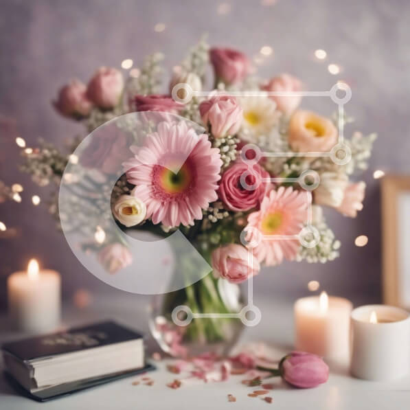 Intra Συλλεκτικό Ξύλινο Παζλ Plywood  4mm - Γυάλινο βάζο με ροζ και λευκά λουλούδια και κεριά Σε Ξύλινο Κουτί - Διαστάσεις Puzzle: 10x10 cm – 25 κομμάτια