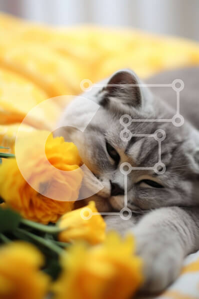 Σετ των 2 Intra Συλλεκτικό Ξύλινο Παζλ Plywood  4mm - Γκρίζα γάτα που στηρίζεται σε κίτρινα λουλούδια Σε Ξύλινο Κουτί - Διαστάσεις: 10x10 cm – 25 κομμάτια