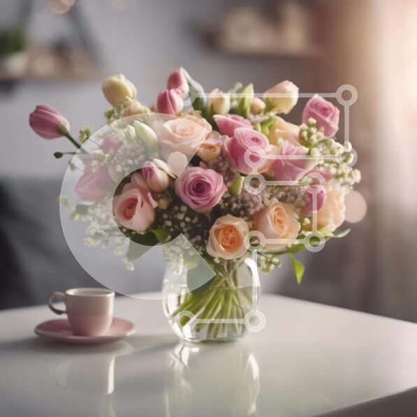 Intra Συλλεκτικό Ξύλινο Παζλ Plywood  4mm - Γυάλινο βάζο με ροζ και ροδακινί τριαντάφυλλα και φλιτζάνια καφέ στο τραπέζι Σε Ξύλινο Κουτί - Διαστάσεις Puzzle: 10x10 cm – 25 κομμάτια