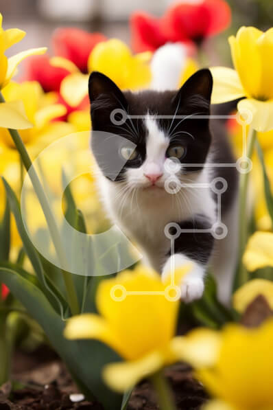 Σετ των 2 Intra Συλλεκτικό Ξύλινο Παζλ Plywood  4mm - Ασπρόμαυρη γάτα που τρέχει μέσα από το πεδίο με τις κίτρινες τουλίπες Σε Ξύλινο Κουτί - Διαστάσεις: 10x10 cm – 25 κομμάτια