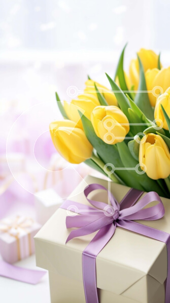 Intra Συλλεκτικό Ξύλινο Παζλ Plywood  4mm - Γιορτή γενεθλίων με κίτρινες τουλίπες και κουτιά δώρων Σε Ξύλινο Κουτί - Διαστάσεις: 10x10 cm – 25 κομμάτια