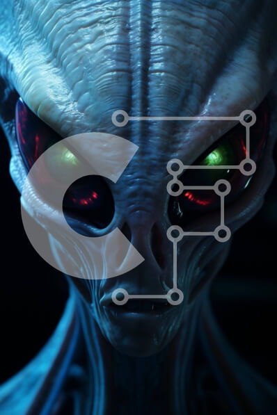 Intra Συλλεκτικό Ξύλινο Παζλ Plywood  4mm - Κοντινό πλάνο εξωγήινου προσώπου με λαμπερά πράσινα μάτια Σε Ξύλινο Κουτί - Διαστάσεις Puzzle: 10x10 cm – 25 κομμάτια