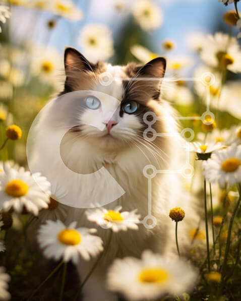 Σετ των 2 Intra Συλλεκτικό Ξύλινο Παζλ Plywood  4mm - Γάτα που κάθεται στο πεδίο των μαργαριτών Σε Ξύλινο Κουτί - Διαστάσεις: 10x10 cm – 25 κομμάτια