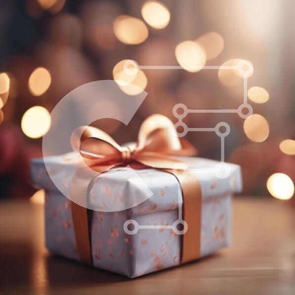 Intra Συλλεκτικό Ξύλινο Παζλ Plywood  4mm - Κομψό εορταστικό κουτί δώρου σε δρύινο τραπέζι με πολύχρωμα φώτα Bokeh Σε Ξύλινο Κουτί - Διαστάσεις: 10x10 cm – 25 κομμάτια