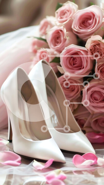 Intra Συλλεκτικό Ξύλινο Παζλ Plywood  4mm - Ροζ τριαντάφυλλα και λευκά ψηλοτάκουνα παπούτσια Τραπέζι Σε Ξύλινο Κουτί - Διαστάσεις Puzzle: 10x10 cm – 25 κομμάτια