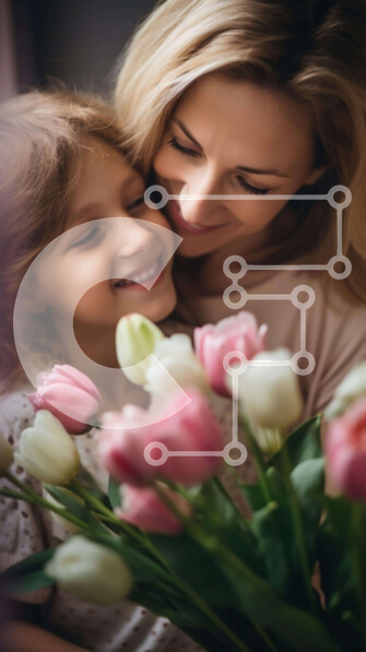 Intra Συλλεκτικό Ξύλινο Παζλ Plywood  4mm - Μητέρα και κόρη αγκαλιάζονται με ροζ λουλούδια τουλίπας Σε Ξύλινο Κουτί - Διαστάσεις Puzzle: 10x10 cm – 25 κομμάτια