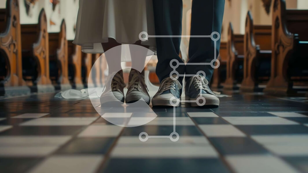 Intra Συλλεκτικό Ξύλινο Παζλ Plywood  4mm - Νύφη και γαμπρός σε μια άδεια εκκλησία με τα γαμήλια παπούτσια Σε Ξύλινο Κουτί - Διαστάσεις Puzzle: 10x10 cm – 25 κομμάτια