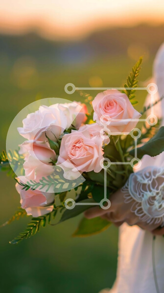 Intra Συλλεκτικό Ξύλινο Παζλ Plywood  4mm - Μπουκέτο ροζ τριαντάφυλλου κρατώντας νύφη Σε Ξύλινο Κουτί - Διαστάσεις Puzzle: 10x10 cm – 25 κομμάτια