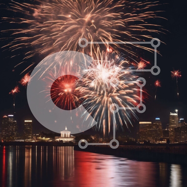 Intra Συλλεκτικό Ξύλινο Παζλ Plywood  4mm - Πολύχρωμη επίδειξη πυροτεχνημάτων πάνω από τον ορίζοντα της πόλης και το νερό Σε Ξύλινο Κουτί - Διαστάσεις Puzzle: 10x10 cm – 25 κομμάτια