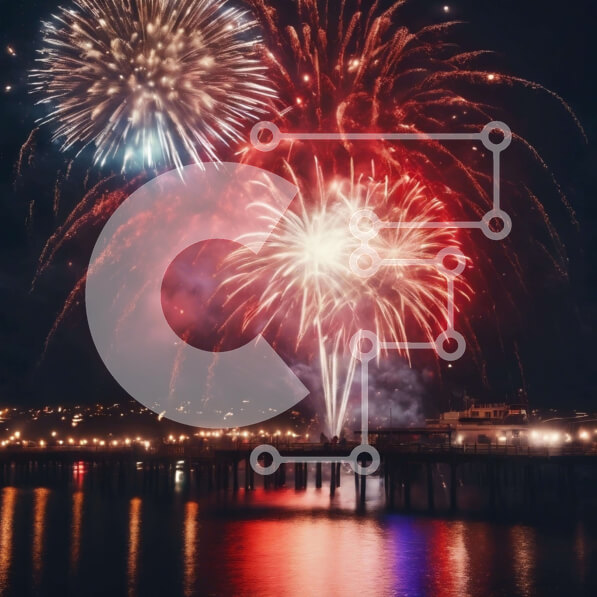 Intra Συλλεκτικό Ξύλινο Παζλ Plywood  4mm - Κόκκινα, λευκά και μπλε επίδειξη πυροτεχνημάτων πάνω από το νερό τη νύχτα Σε Ξύλινο Κουτί - Διαστάσεις Puzzle: 10x10 cm – 25 κομμάτια