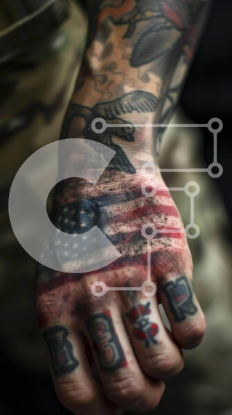 Intra Συλλεκτικό Ξύλινο Παζλ Plywood  4mm - Αντρικό χέρι με αμερικανική σημαία και τατουάζ πουλιών Σε Ξύλινο Κουτί - Διαστάσεις Puzzle: 10x10 cm – 25 κομμάτια