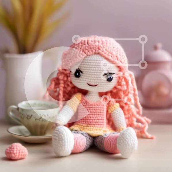 Intra Συλλεκτικό Ξύλινο Παζλ Plywood  4mm - Κροσέ κούκλα με ροζ μαλλιά και φλιτζάνια τσαγιού Σε Ξύλινο Κουτί - Διαστάσεις: 10x10 cm – 25 κομμάτια