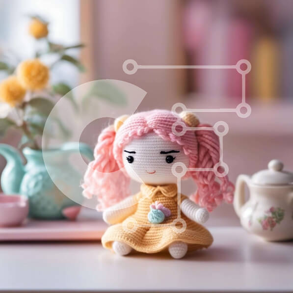 Intra Συλλεκτικό Ξύλινο Παζλ Plywood  4mm - Κούκλα κροσέ με ροζ μαλλιά και τσαγιέρες Σε Ξύλινο Κουτί - Διαστάσεις: 10x10 cm – 25 κομμάτια