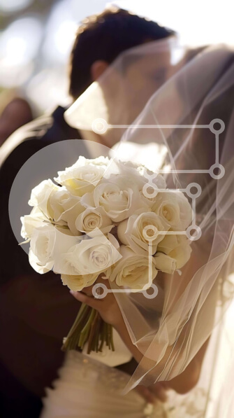 Intra Συλλεκτικό Ξύλινο Παζλ Plywood  4mm - Νύφη και γαμπρός που φιλιούνται με μπουκέτο λευκά τριαντάφυλλα Σε Ξύλινο Κουτί - Διαστάσεις Puzzle: 10x10 cm – 25 κομμάτια