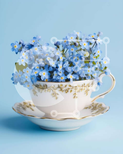 Intra Συλλεκτικό Ξύλινο Παζλ Plywood  4mm - Φλυτζάνι τσαγιού με μπλε λουλούδια Forget-Me-Not Σε Ξύλινο Κουτί - Διαστάσεις: 10x10 cm – 25 κομμάτια