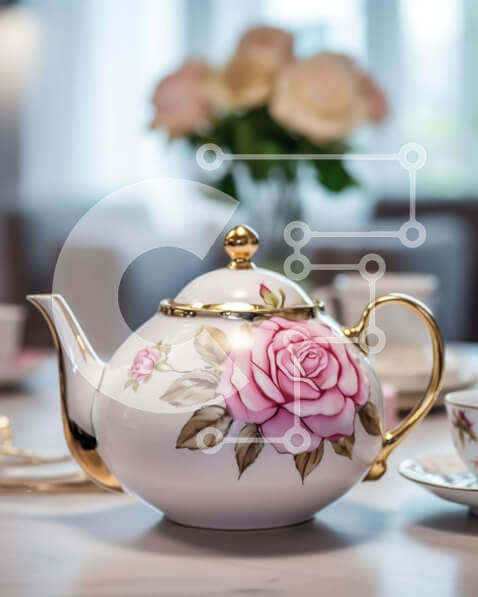 Σετ των 2 Intra Συλλεκτικό Ξύλινο Παζλ Plywood  4mm - Λευκή τσαγιέρα και φλιτζάνια στο τραπέζι με ροζ τριαντάφυλλο Σε Ξύλινο Κουτί - Διαστάσεις: 10x10 cm – 25 κομμάτια