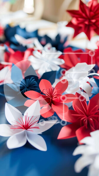 Intra Συλλεκτικό Ξύλινο Παζλ Plywood  4mm - Διακόσμηση τραπεζιού με κόκκινα, λευκά και μπλε χάρτινα λουλούδια για τις 4 Ιουλίου Σε Ξύλινο Κουτί - Διαστάσεις Puzzle: 10x10 cm – 25 κομμάτια