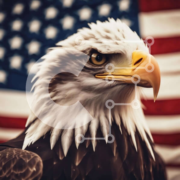 Intra Συλλεκτικό Ξύλινο Παζλ Plywood  4mm - Κοντινό πλάνο του φαλακρού αετού μπροστά από την αμερικανική σημαία Σε Ξύλινο Κουτί - Διαστάσεις: 10x10 cm – 25 κομμάτια