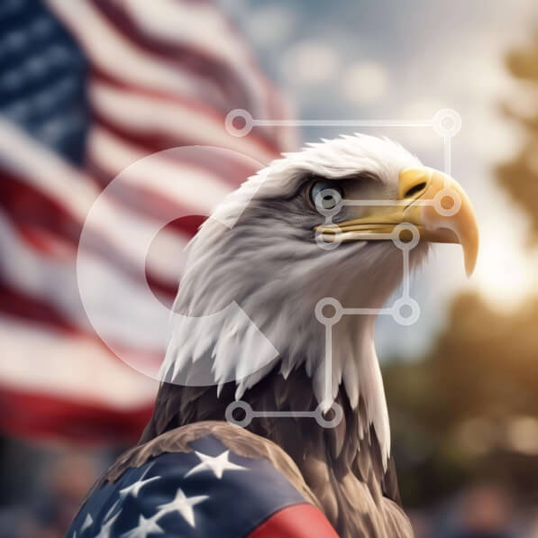 Intra Συλλεκτικό Ξύλινο Παζλ Plywood  4mm - Κοντινό πλάνο ενός αετού με αμερικανική σημαία Σε Ξύλινο Κουτί - Διαστάσεις: 10x10 cm – 25 κομμάτια