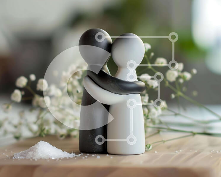 Intra Συλλεκτικό Ξύλινο Παζλ Plywood  4mm - Ασπρόμαυρες δονητές αλατοπίπερου αγκαλιά σε ξύλινο τραπέζι Σε Ξύλινο Κουτί - Διαστάσεις: 10x10 cm – 25 κομμάτια