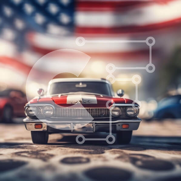 Intra Συλλεκτικό Ξύλινο Παζλ Plywood  4mm - Αυτοκίνητο παιχνίδι με αμερικανική σημαία για τους εορτασμούς της 4ης Ιουλίου Σε Ξύλινο Κουτί - Διαστάσεις Puzzle: 10x10 cm – 25 κομμάτια