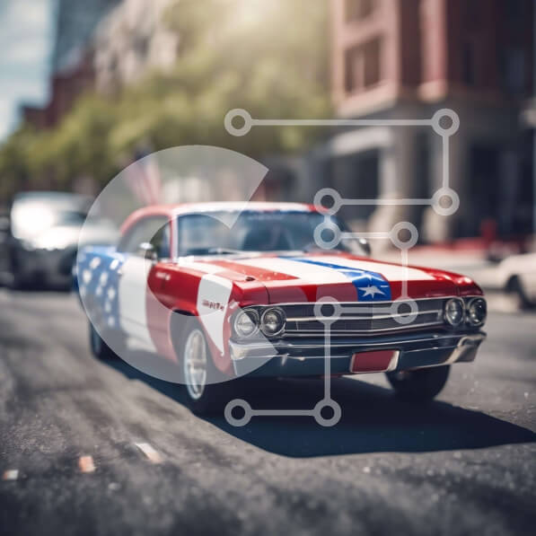 Intra Συλλεκτικό Ξύλινο Παζλ Plywood  4mm - Πατριωτικό αυτοκίνητο με αμερικανική σημαία που οδηγεί στον δρόμο Σε Ξύλινο Κουτί - Διαστάσεις Puzzle: 10x10 cm – 25 κομμάτια