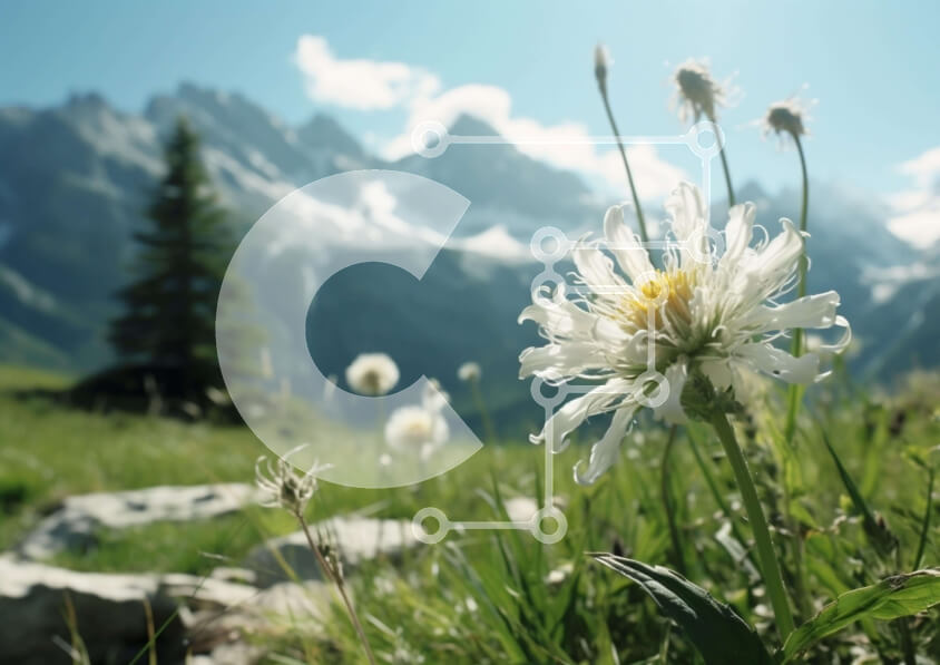 Intra Συλλεκτικό Ξύλινο Παζλ Plywood  4mm - Λευκό λουλούδι μαργαρίτας στο λιβάδι με τα βουνά Σε Ξύλινο Κουτί - Διαστάσεις: 10x10 cm – 25 κομμάτια