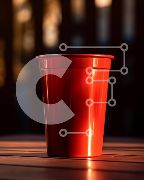 Intra Συλλεκτικό Ξύλινο Παζλ Plywood  4mm - Κόκκινο πλαστικό κύπελλο σε εξωτερικό ξύλινο τραπέζι Σε Ξύλινο Κουτί - Διαστάσεις: 10x10 cm – 25 κομμάτια