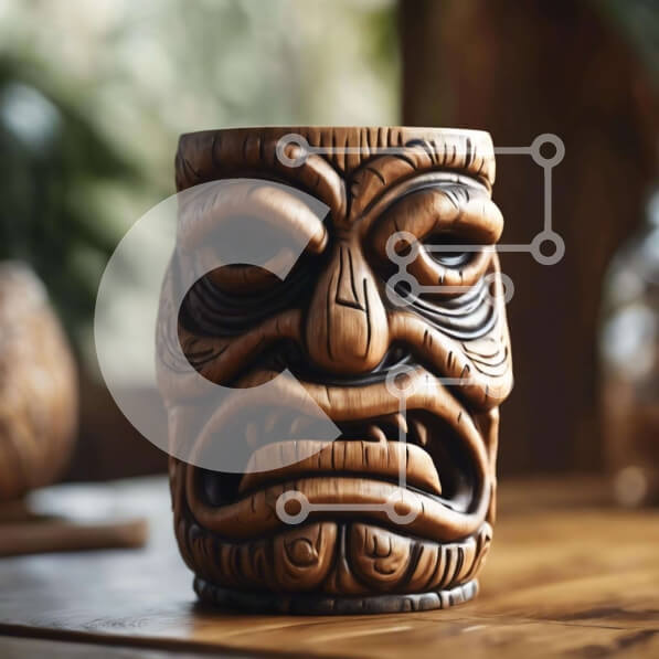 Intra Συλλεκτικό Ξύλινο Παζλ Plywood  4mm - Ξύλινη κούπα Tiki με θυμωμένο πρόσωπο στο τραπέζι Σε Ξύλινο Κουτί - Διαστάσεις: 10x10 cm – 25 κομμάτια