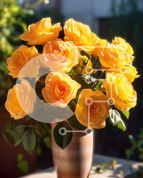 Intra Συλλεκτικό Ξύλινο Παζλ Plywood  4mm - Ζωντανά κίτρινα τριαντάφυλλα σε βάζο σε τραπέζι εξωτερικού χώρου Σε Ξύλινο Κουτί - Διαστάσεις: 10x10 cm – 25 κομμάτια