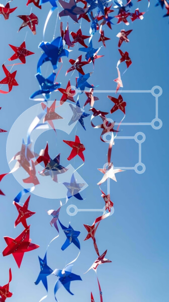 Intra Συλλεκτικό Ξύλινο Παζλ Plywood  4mm - Κόκκινα, λευκά και μπλε χάρτινα αστέρια που επιπλέουν στον ουρανό Σε Ξύλινο Κουτί - Διαστάσεις: 10x10 cm – 25 κομμάτια