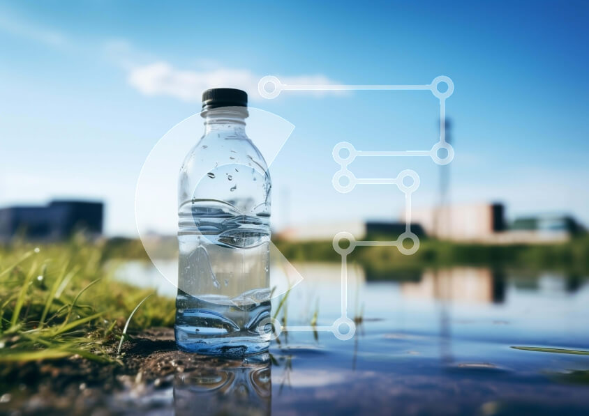 Intra Συλλεκτικό Ξύλινο Παζλ Plywood  4mm - Μονό μπουκάλι νερό στο έδαφος με κτίρια στο παρασκήνιο Σε Ξύλινο Κουτί - Διαστάσεις: 10x10 cm – 25 κομμάτια