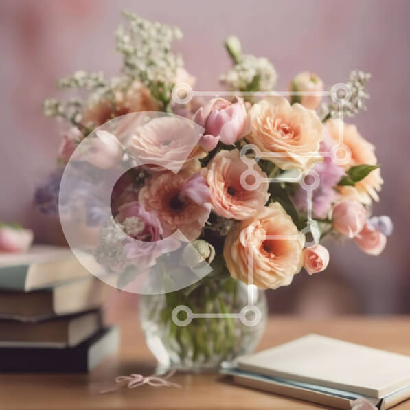 Intra Συλλεκτικό Ξύλινο Παζλ Plywood  4mm - Γυάλινο βάζο με ροζ και μωβ λουλούδια και βιβλία Σε Ξύλινο Κουτί - Διαστάσεις Puzzle: 10x10 cm – 25 κομμάτια