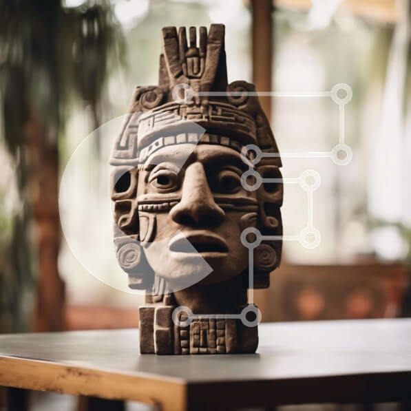 Intra Συλλεκτικό Ξύλινο Παζλ Plywood  4mm - Ξύλινο Γλυπτό Κεφαλής Μάγιας με Φυτά Σε Ξύλινο Κουτί - Διαστάσεις Puzzle: 10x10 cm – 25 κομμάτια